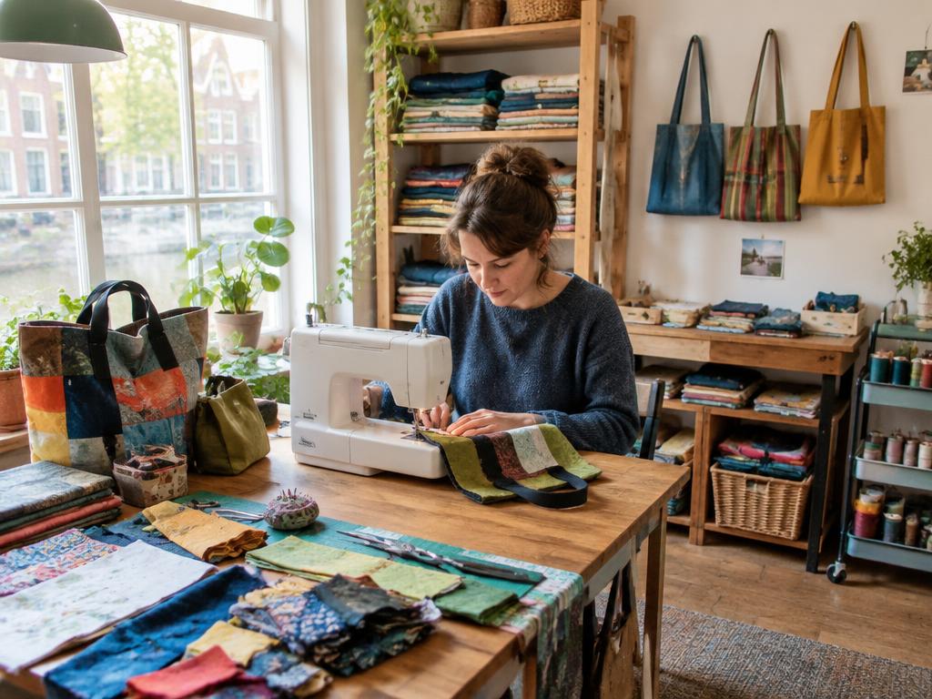 Maker naait tassen van restmateriaal