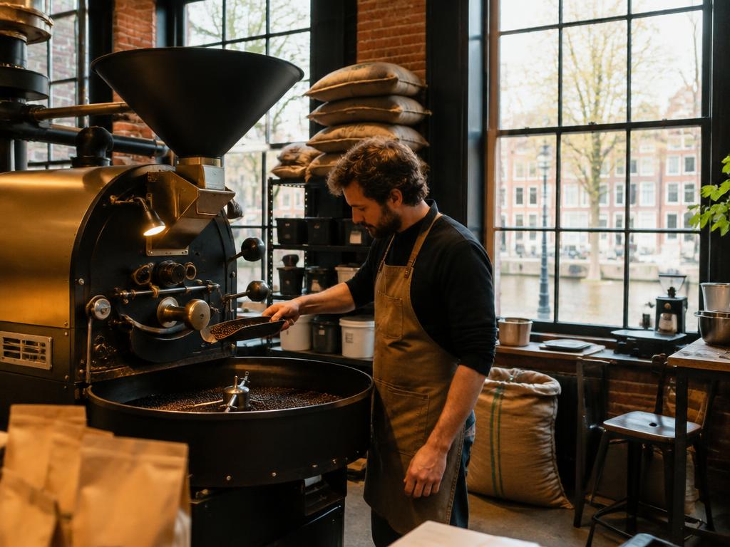 Lokale koffiebranderij aan het werk