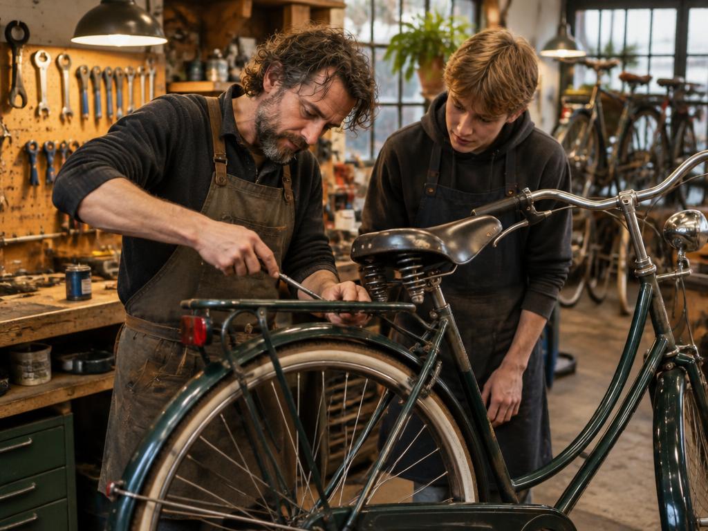 Fietsenmaker en leerling knappen een oude fiets op